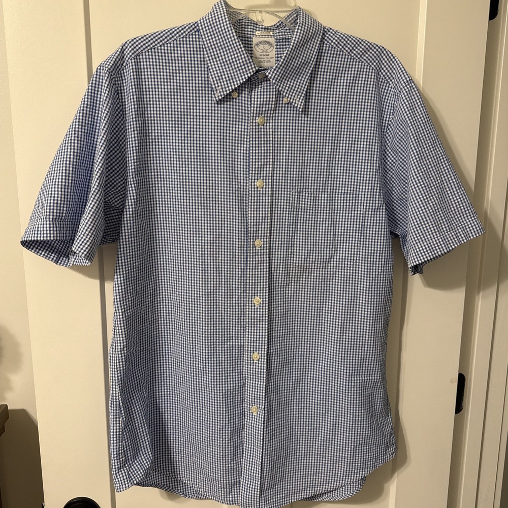 Brooks Brothers Blue Gingham Short Sleeve Dress Shirt L
